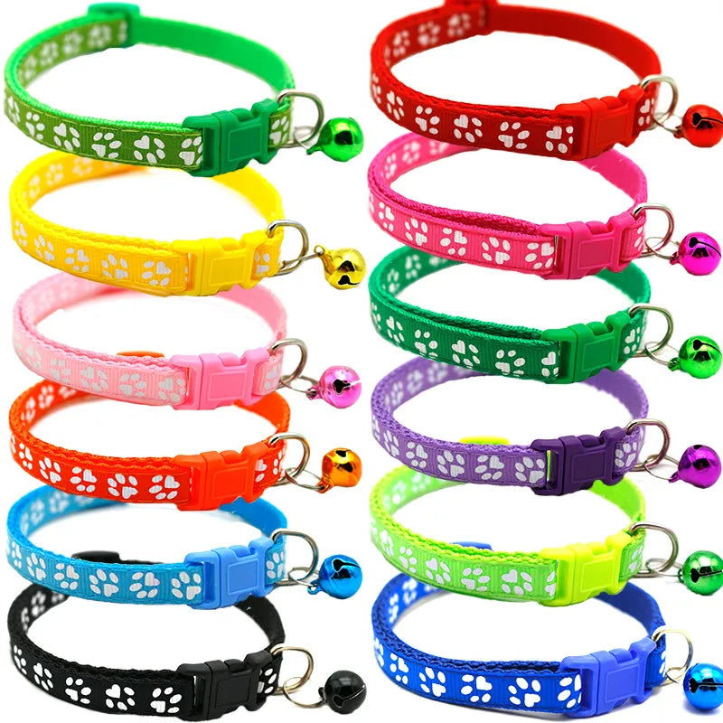 Pet Collar With Bell Cartoon Footprint Colorful Dog Puppy Cat Accessories Kitten Collar Adjustable Safety Bell Ring Necklace Pet - Slobuy