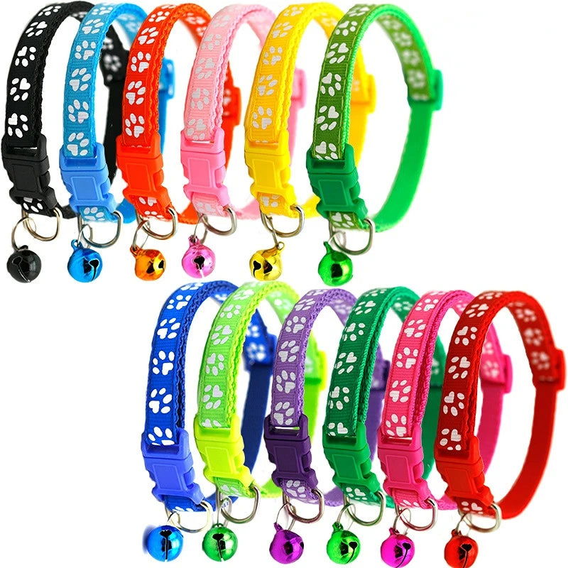 Pet Collar With Bell Cartoon Footprint Colorful Dog Puppy Cat Accessories Kitten Collar Adjustable Safety Bell Ring Necklace Pet - Slobuy