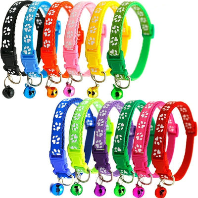 Pet Collar With Bell Cartoon Footprint Colorful Dog Puppy Cat Accessories Kitten Collar Adjustable Safety Bell Ring Necklace Pet - Slobuy
