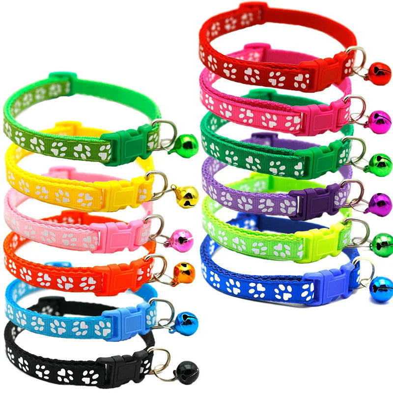 Pet Collar With Bell Cartoon Footprint Colorful Dog Puppy Cat Accessories Kitten Collar Adjustable Safety Bell Ring Necklace Pet - Slobuy