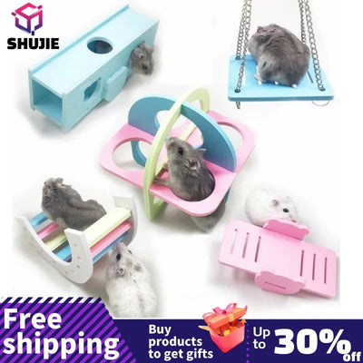 Pet Hamster Toys Wooden Rainbow Bridge Seesaw Swing Toys Small Animal Activity Climb Toy DIY Hamster Cage Accessories - Slobuy