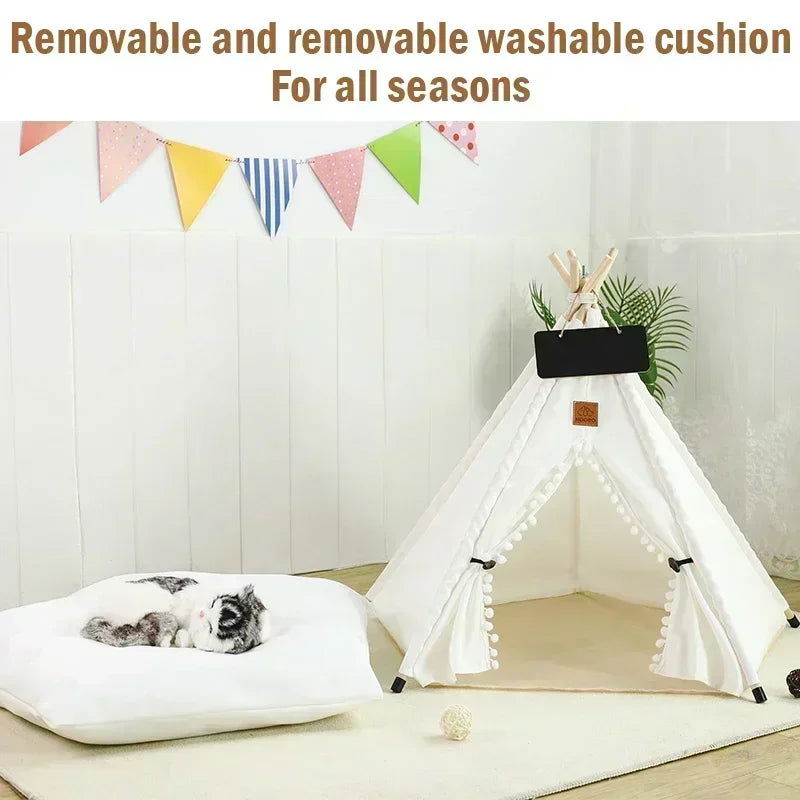 Pet Teepee Tent for Cats and Dogs Portable Removable Washable Dog House Indoor Puppies House with Cushion and Blackboard Cat Bed - Slobuy