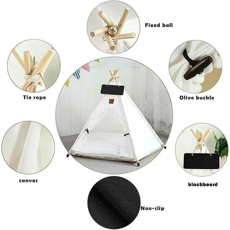 Pet Teepee Tent for Cats and Dogs Portable Removable Washable Dog House Indoor Puppies House with Cushion and Blackboard Cat Bed - Slobuy