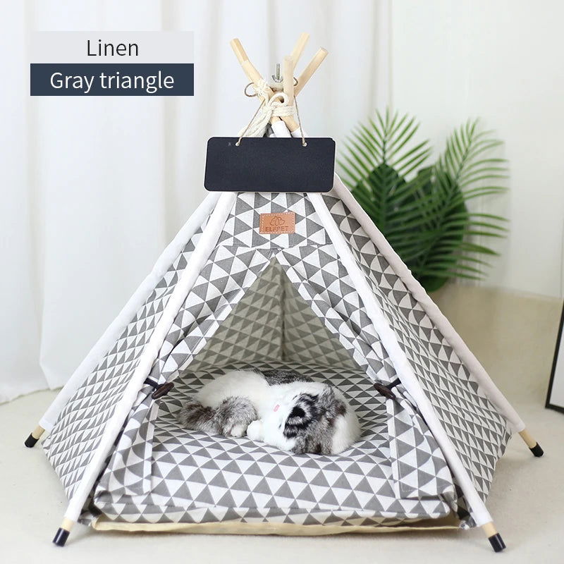 Pet Teepee Tent for Cats and Dogs Portable Removable Washable Dog House Indoor Puppies House with Cushion and Blackboard Cat Bed - Slobuy
