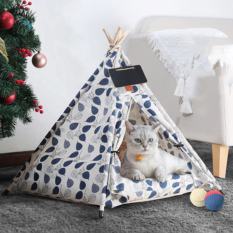 Pet Tent House Dog Bed Portable Removable Washable Teepee Puppy Cat Indoor Outdoor Kennels Cave with Cushion and Blackboard - Slobuy