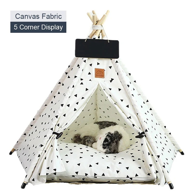 Pet Tent House Dog Bed Portable Removable Washable Teepee Puppy Cat Indoor Outdoor Kennels Cave with Cushion and Blackboard - Slobuy