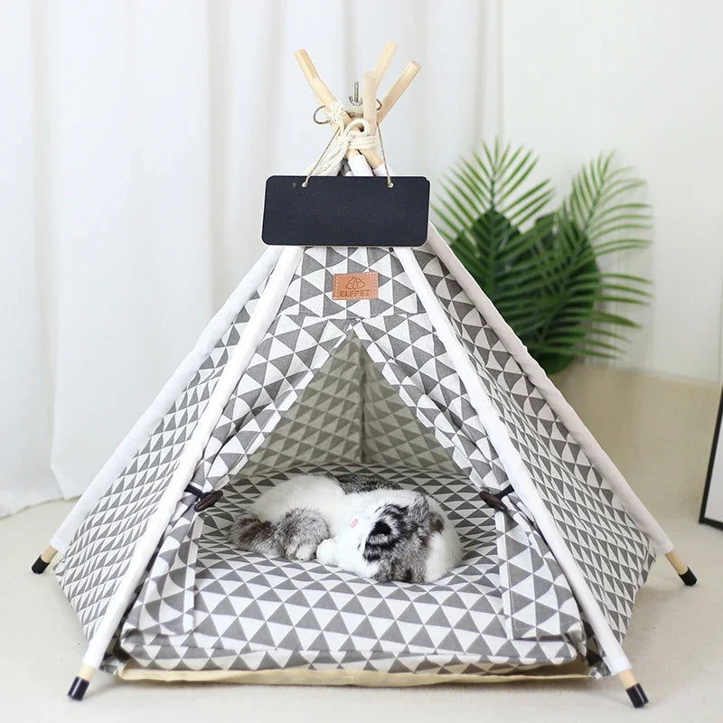 Pet Tent House Dog Bed Portable Removable Washable Teepee Puppy Cat Indoor Outdoor Kennels Cave with Cushion and Blackboard - Slobuy