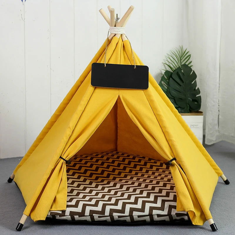Pet Tent House Dog Bed Portable Removable Washable Teepee Puppy Cat Indoor Outdoor Kennels Cave with Cushion and Blackboard - Slobuy