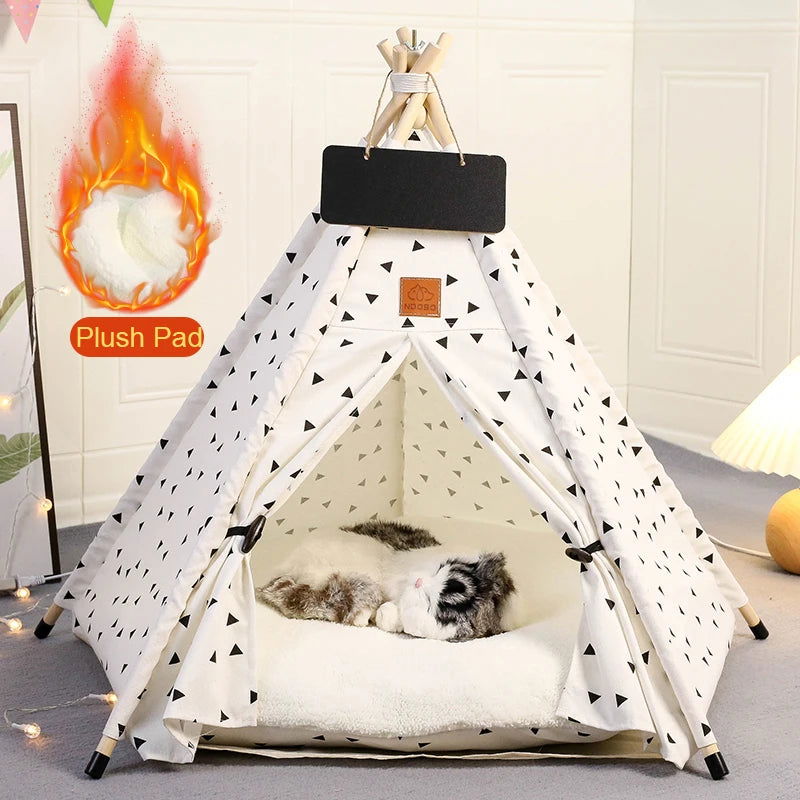 Pet Tent House Dog Bed Portable Removable Washable Teepee Puppy Cat Indoor Outdoor Kennels Cave with Cushion and Blackboard - Slobuy