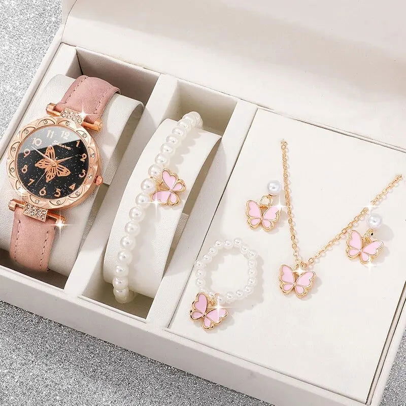 Pink Pearl Butterfly Watches for Women Fashion Rhinestone Casual Bracelet Watch Simple Female Clock Ladies Quartz Wristwatches - Slobuy