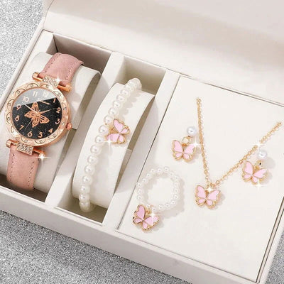 Pink Pearl Butterfly Watches for Women Fashion Rhinestone Casual Bracelet Watch Simple Female Clock Ladies Quartz Wristwatches - Slobuy
