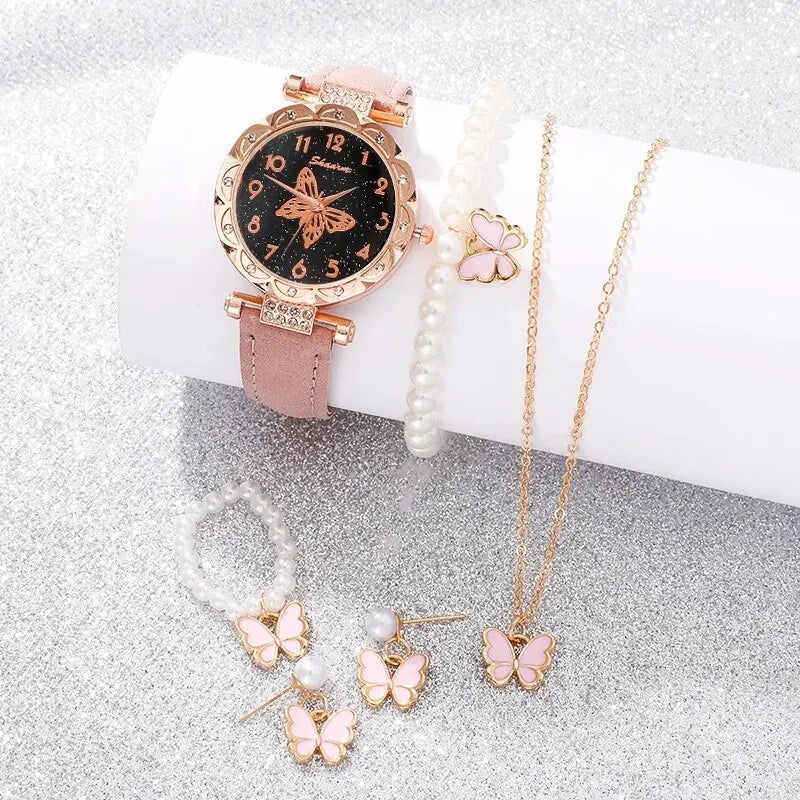 Pink Pearl Butterfly Watches for Women Fashion Rhinestone Casual Bracelet Watch Simple Female Clock Ladies Quartz Wristwatches - Slobuy