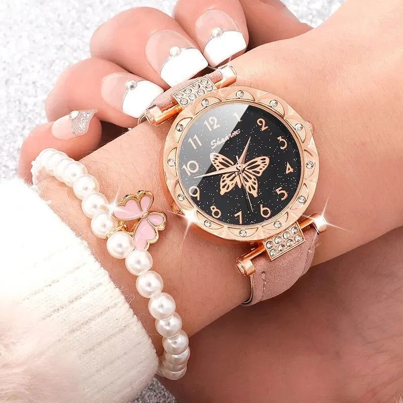 Pink Pearl Butterfly Watches for Women Fashion Rhinestone Casual Bracelet Watch Simple Female Clock Ladies Quartz Wristwatches - Slobuy