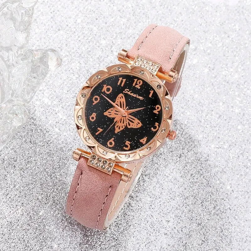Pink Pearl Butterfly Watches for Women Fashion Rhinestone Casual Bracelet Watch Simple Female Clock Ladies Quartz Wristwatches - Slobuy