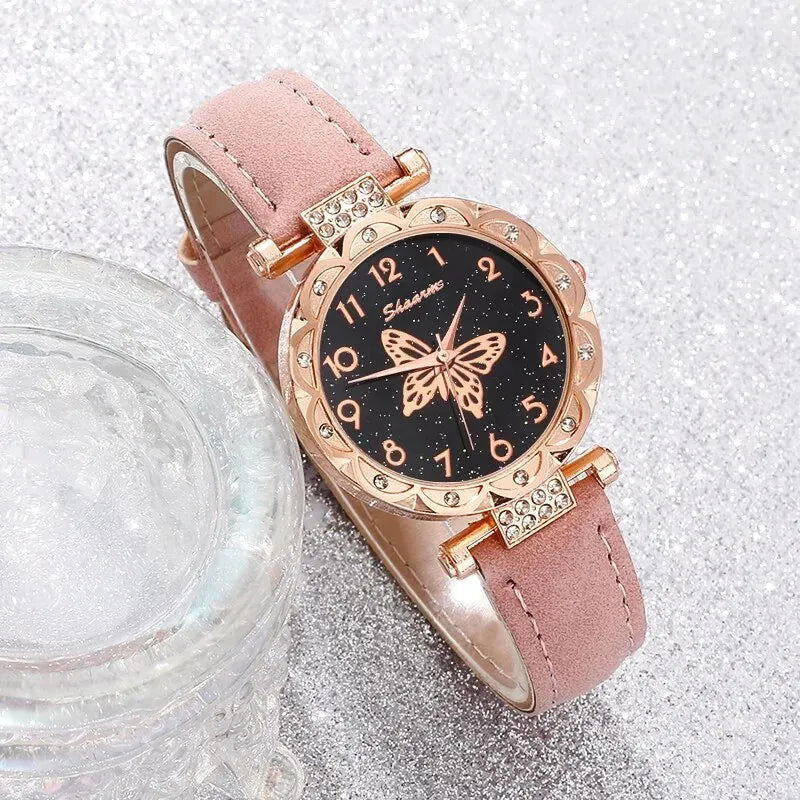 Pink Pearl Butterfly Watches for Women Fashion Rhinestone Casual Bracelet Watch Simple Female Clock Ladies Quartz Wristwatches - Slobuy