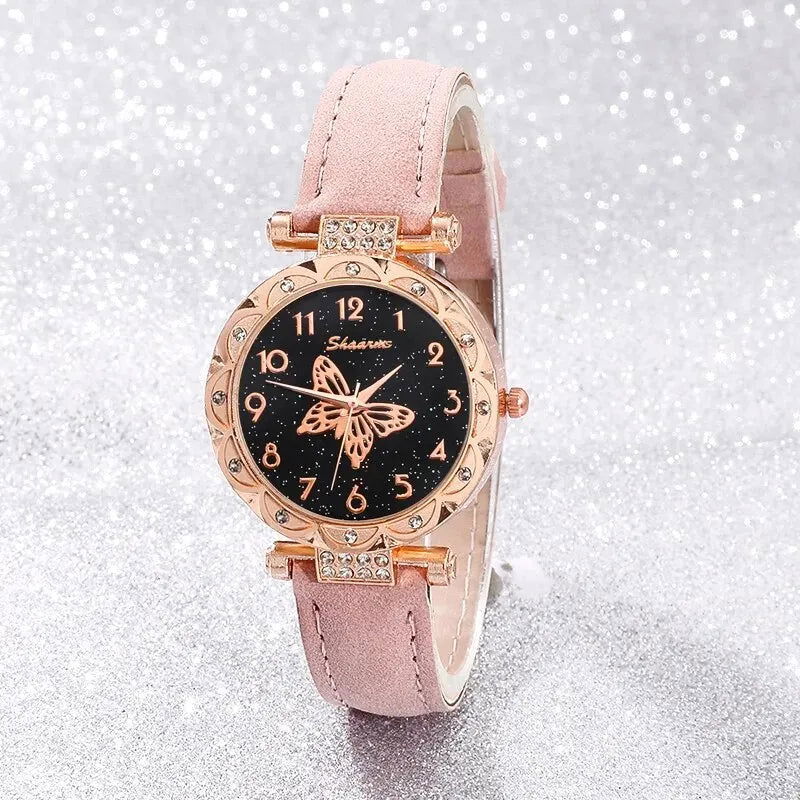 Pink Pearl Butterfly Watches for Women Fashion Rhinestone Casual Bracelet Watch Simple Female Clock Ladies Quartz Wristwatches - Slobuy