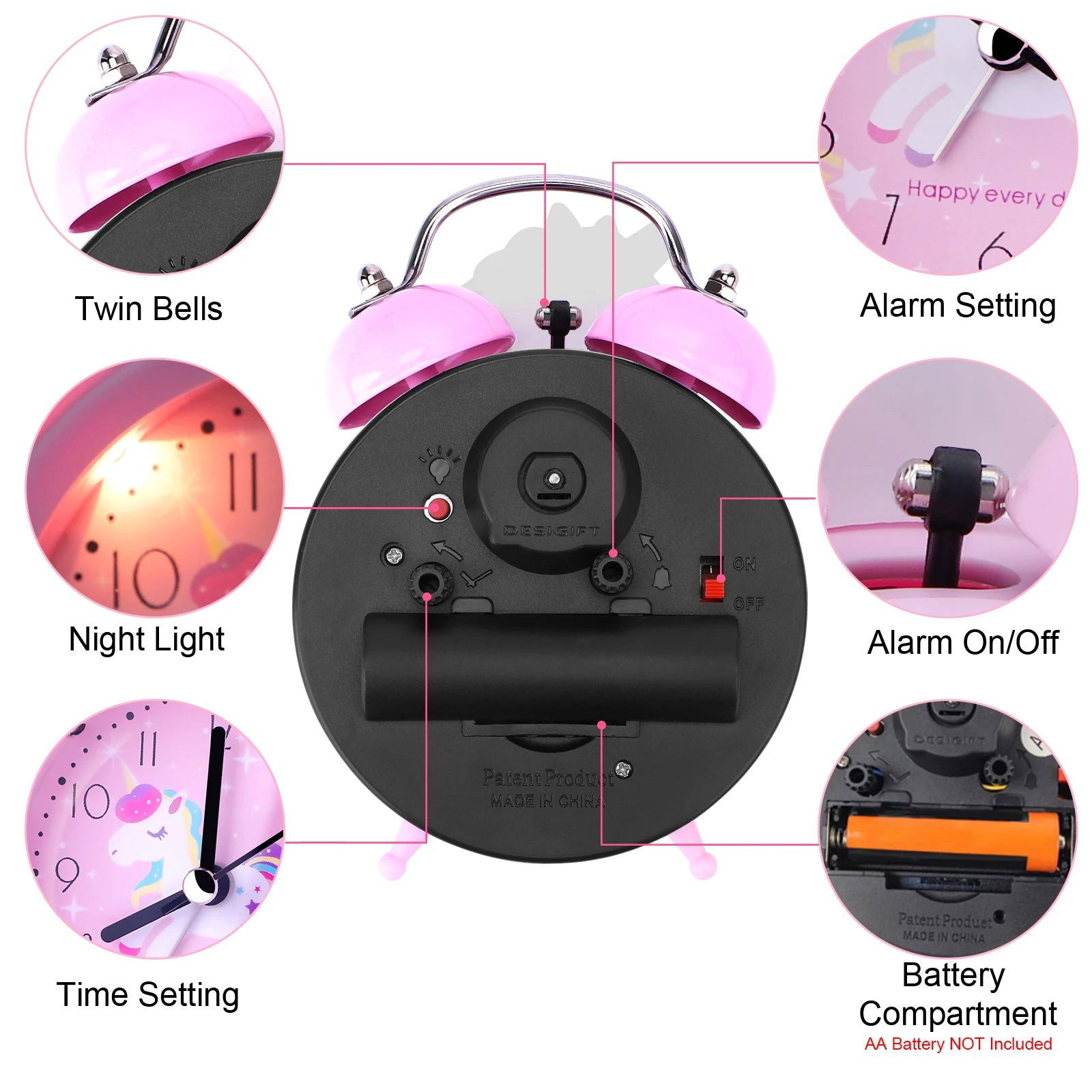 Pink Unicorn Kids Alarm Clock Double Bell Clock with Backlight Cute Desk Clock Home Decoration Будильник Kid Gifts reveil enfant - Slobuy