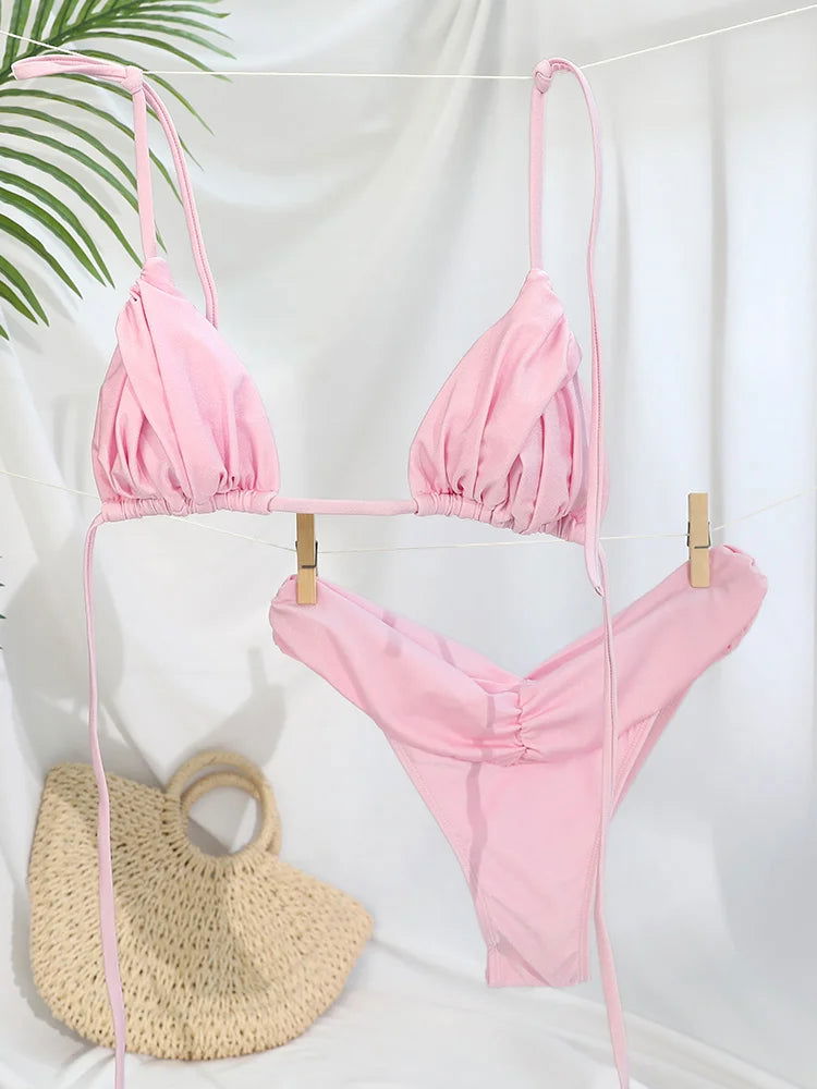 Pleated Brazilian Folds Bikini Set, Sexy Micro Bikinis, 2023 Women Swimsuit, Female Triangle Swimwear, Beach Wear Bathing Suit - Slobuy
