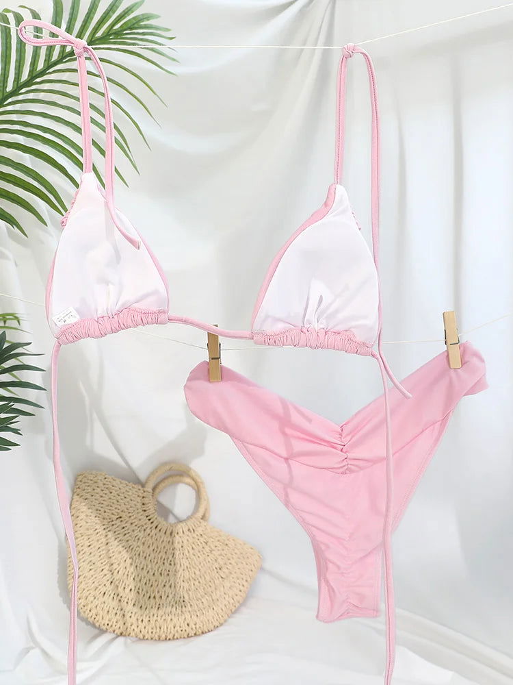 Pleated Brazilian Folds Bikini Set, Sexy Micro Bikinis, 2023 Women Swimsuit, Female Triangle Swimwear, Beach Wear Bathing Suit - Slobuy
