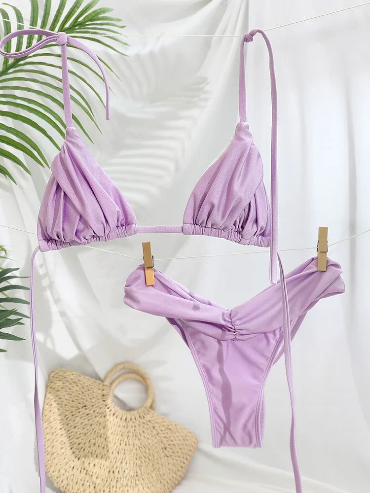 Pleated Brazilian Folds Bikini Set, Sexy Micro Bikinis, 2023 Women Swimsuit, Female Triangle Swimwear, Beach Wear Bathing Suit - Slobuy