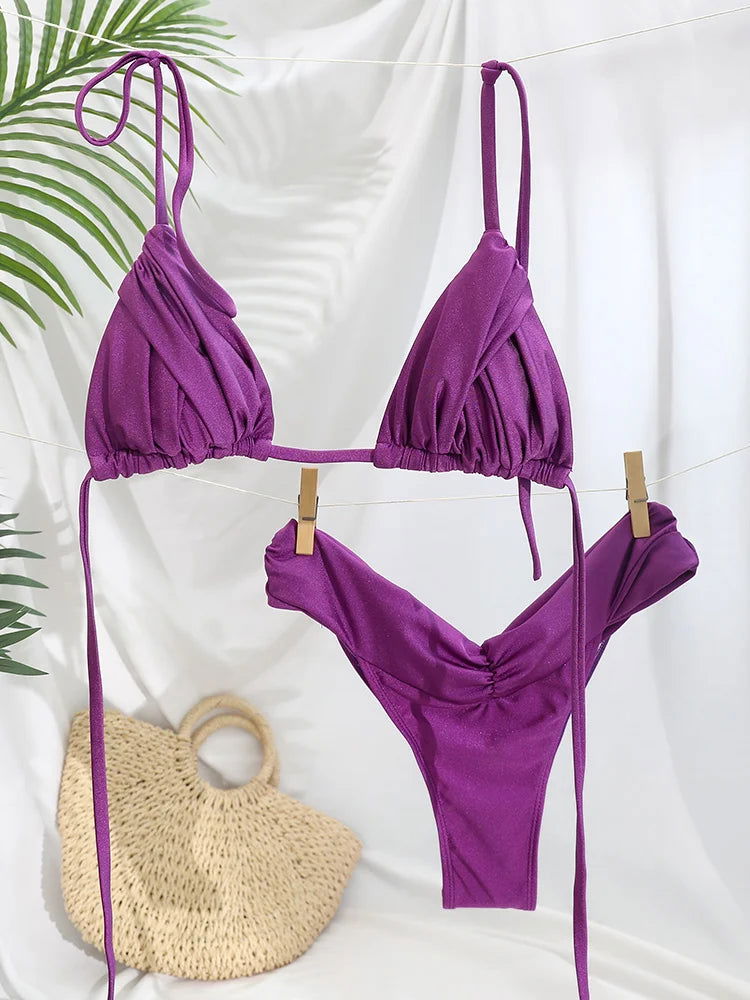 Pleated Brazilian Folds Bikini Set, Sexy Micro Bikinis, 2023 Women Swimsuit, Female Triangle Swimwear, Beach Wear Bathing Suit - Slobuy