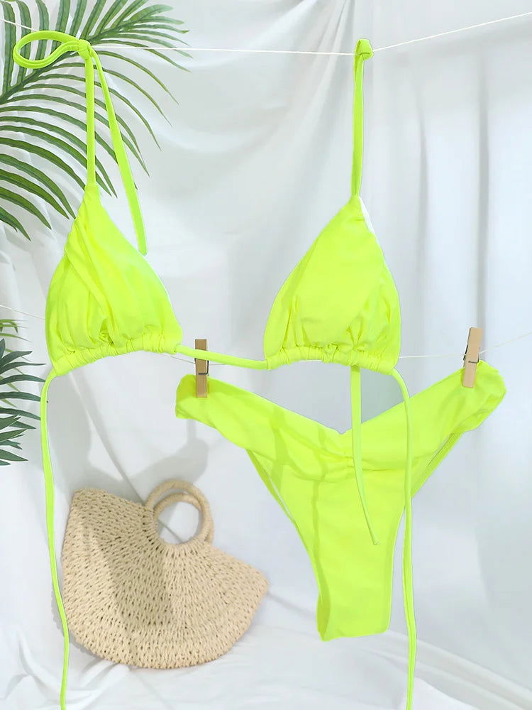 Pleated Brazilian Folds Bikini Set, Sexy Micro Bikinis, 2023 Women Swimsuit, Female Triangle Swimwear, Beach Wear Bathing Suit - Slobuy