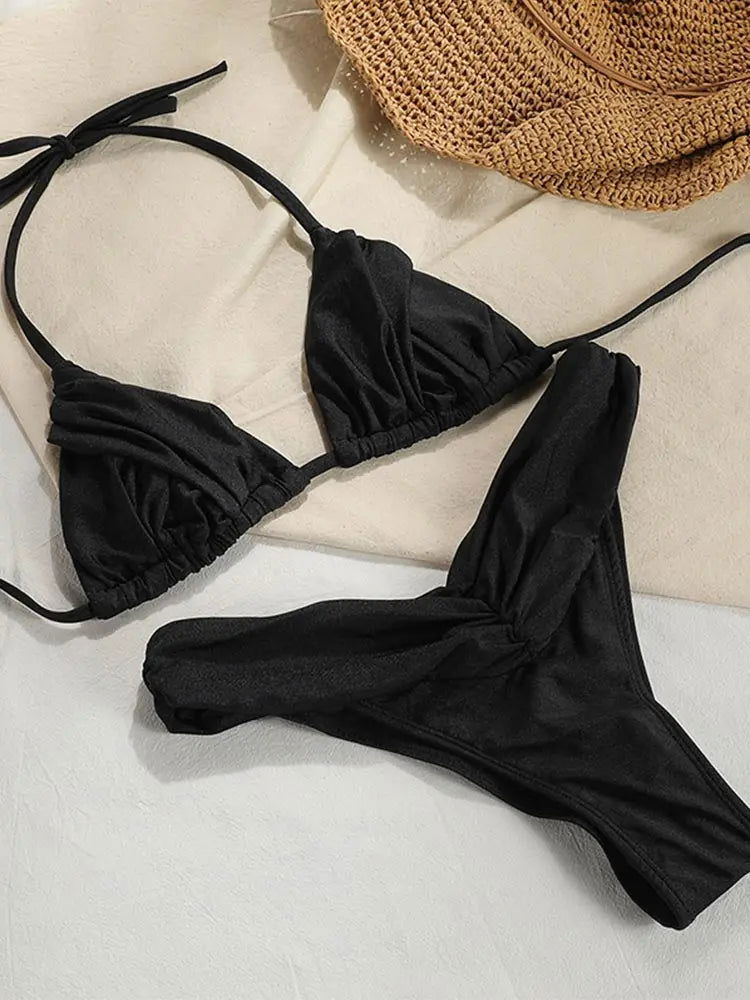 Pleated Brazilian Folds Bikini Set, Sexy Micro Bikinis, 2023 Women Swimsuit, Female Triangle Swimwear, Beach Wear Bathing Suit - Slobuy