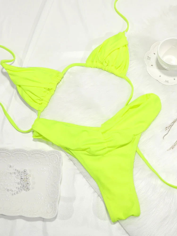 Pleated Brazilian Folds Bikini Set, Sexy Micro Bikinis, 2023 Women Swimsuit, Female Triangle Swimwear, Beach Wear Bathing Suit - Slobuy