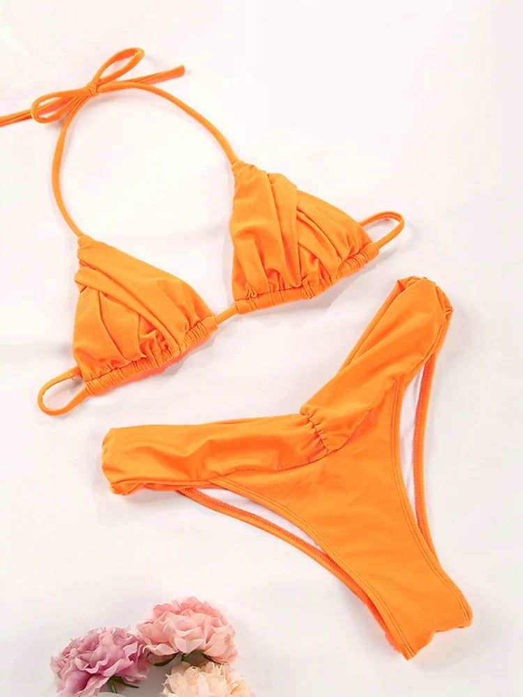 Pleated Brazilian Folds Bikini Set, Sexy Micro Bikinis, 2023 Women Swimsuit, Female Triangle Swimwear, Beach Wear Bathing Suit - Slobuy