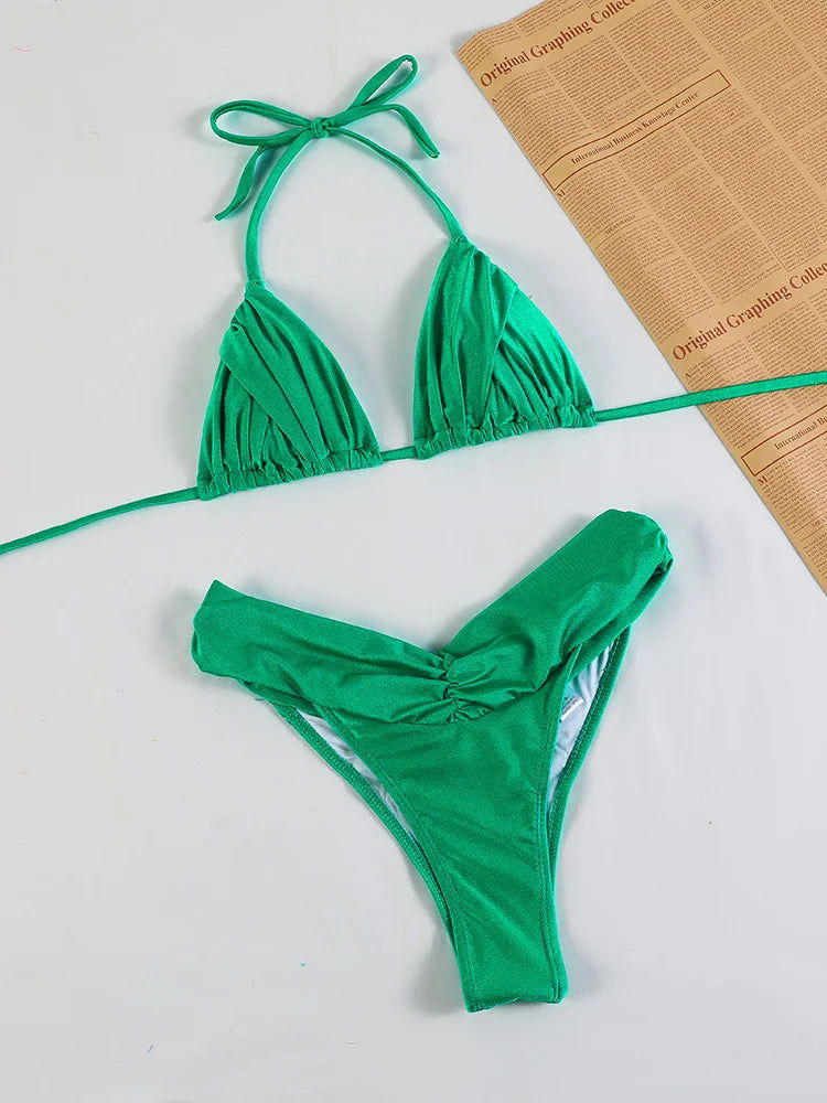 Pleated Brazilian Folds Bikini Set, Sexy Micro Bikinis, 2023 Women Swimsuit, Female Triangle Swimwear, Beach Wear Bathing Suit - Slobuy