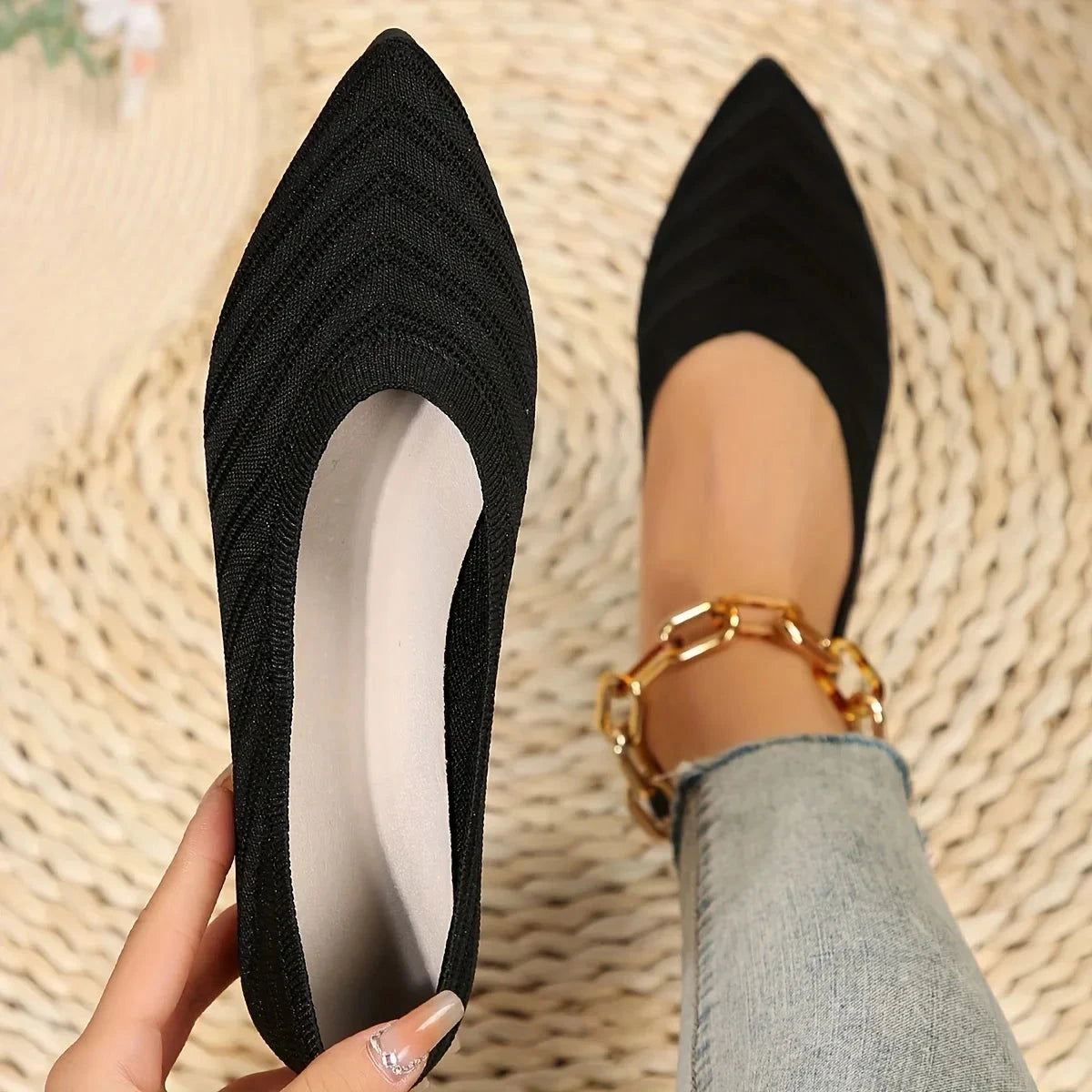 Pointed Toe Flat Shoes Women Solid Color Knitted Slip on Shoes Casual Breathable Ballet Flats Women Loafers Comfort Ladies Shoes - Slobuy