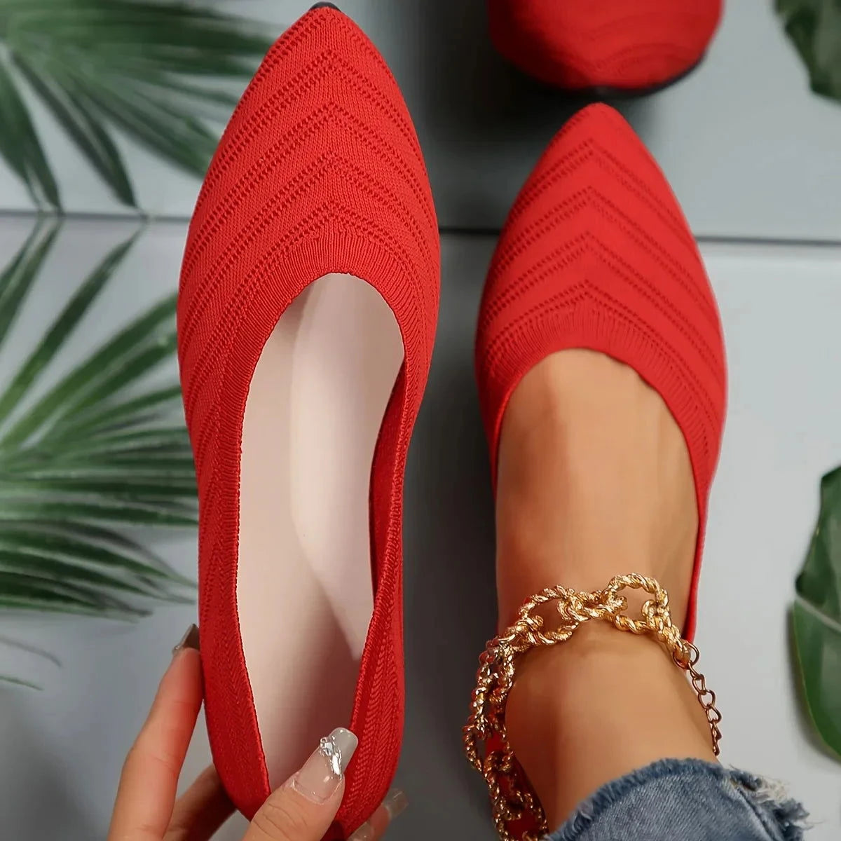 Pointed Toe Flat Shoes Women Solid Color Knitted Slip on Shoes Casual Breathable Ballet Flats Women Loafers Comfort Ladies Shoes - Slobuy