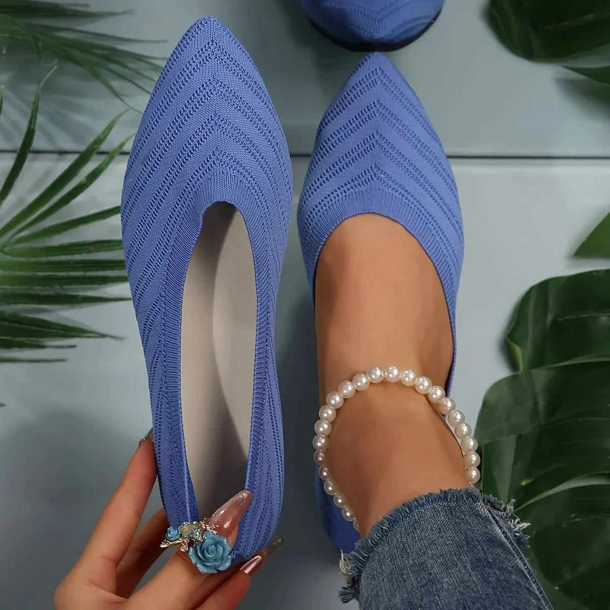 Pointed Toe Flat Shoes Women Solid Color Knitted Slip on Shoes Casual Breathable Ballet Flats Women Loafers Comfort Ladies Shoes - Slobuy