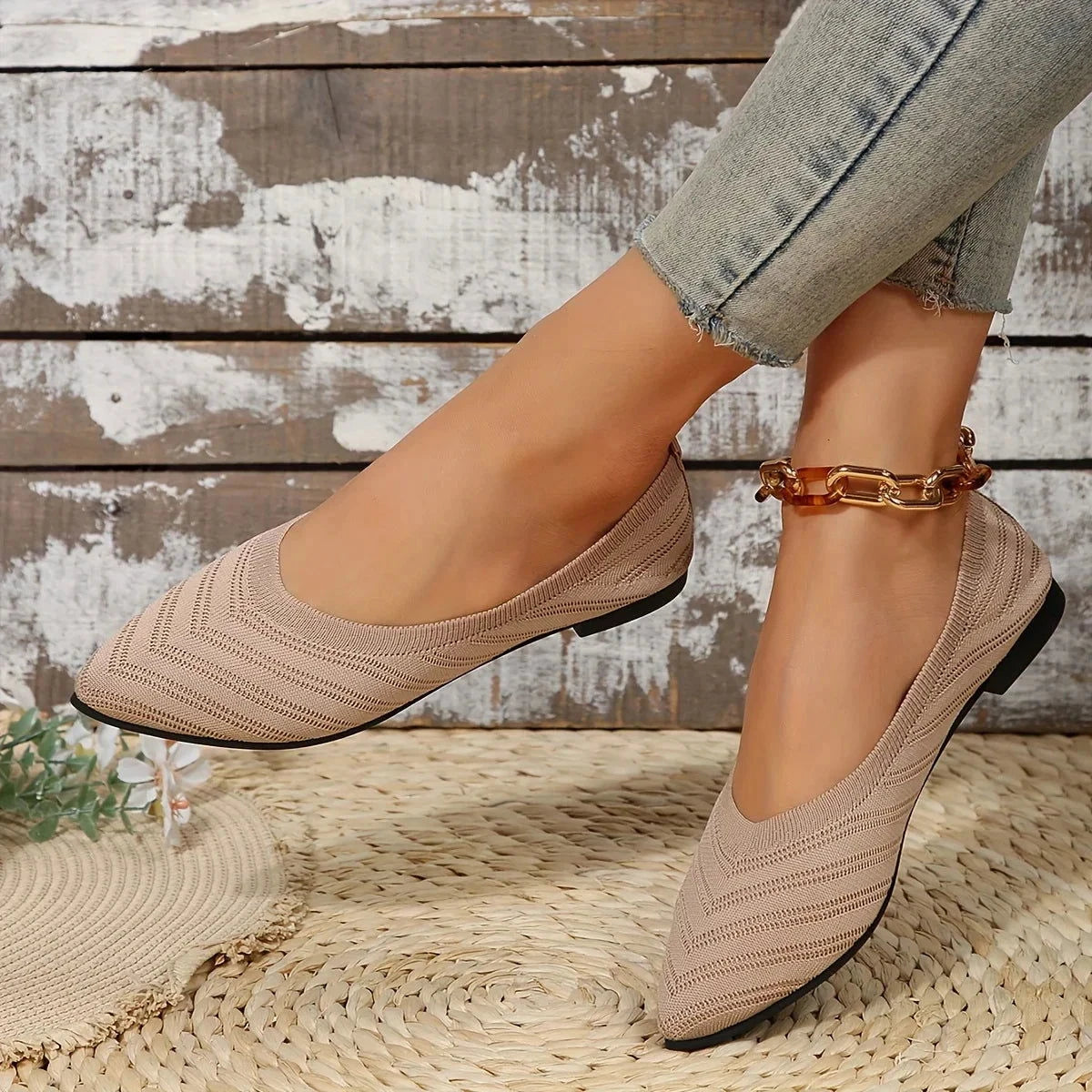 Pointed Toe Flat Shoes Women Solid Color Knitted Slip on Shoes Casual Breathable Ballet Flats Women Loafers Comfort Ladies Shoes - Slobuy