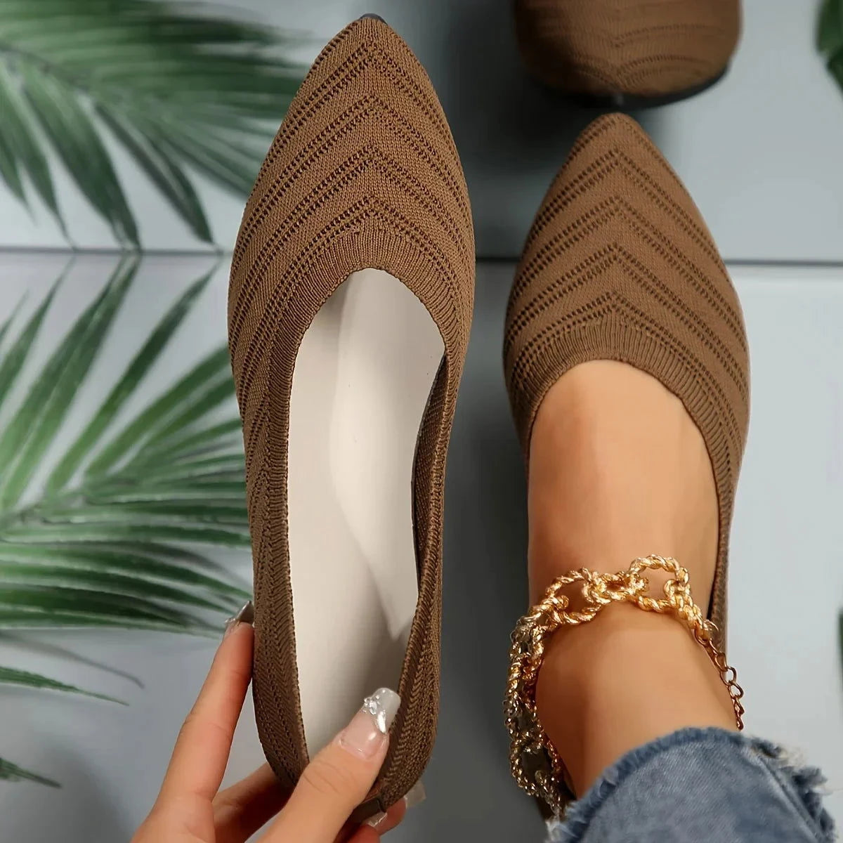 Pointed Toe Flat Shoes Women Solid Color Knitted Slip on Shoes Casual Breathable Ballet Flats Women Loafers Comfort Ladies Shoes - Slobuy
