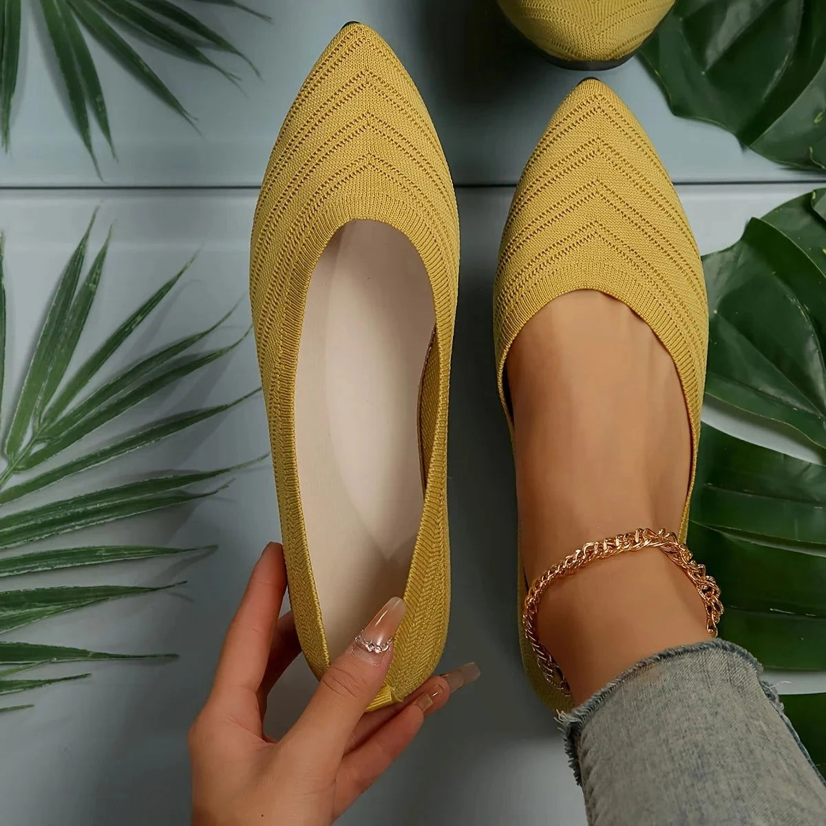 Pointed Toe Flat Shoes Women Solid Color Knitted Slip on Shoes Casual Breathable Ballet Flats Women Loafers Comfort Ladies Shoes - Slobuy