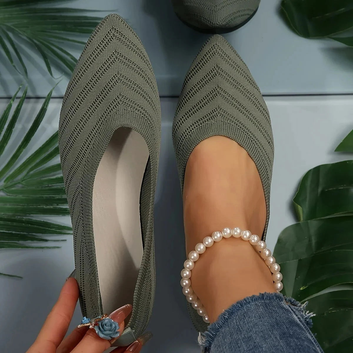Pointed Toe Flat Shoes Women Solid Color Knitted Slip on Shoes Casual Breathable Ballet Flats Women Loafers Comfort Ladies Shoes - Slobuy