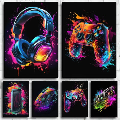 Pop Neon Video Game Character Poster Gamepad Headphones Football Basketball Canvas Print Wall Art Decor Gaming Room Decoration - Slobuy