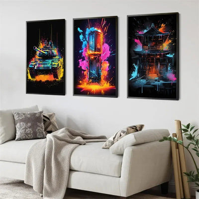 Pop Neon Video Game Character Poster Gamepad Headphones Football Basketball Canvas Print Wall Art Decor Gaming Room Decoration - Slobuy