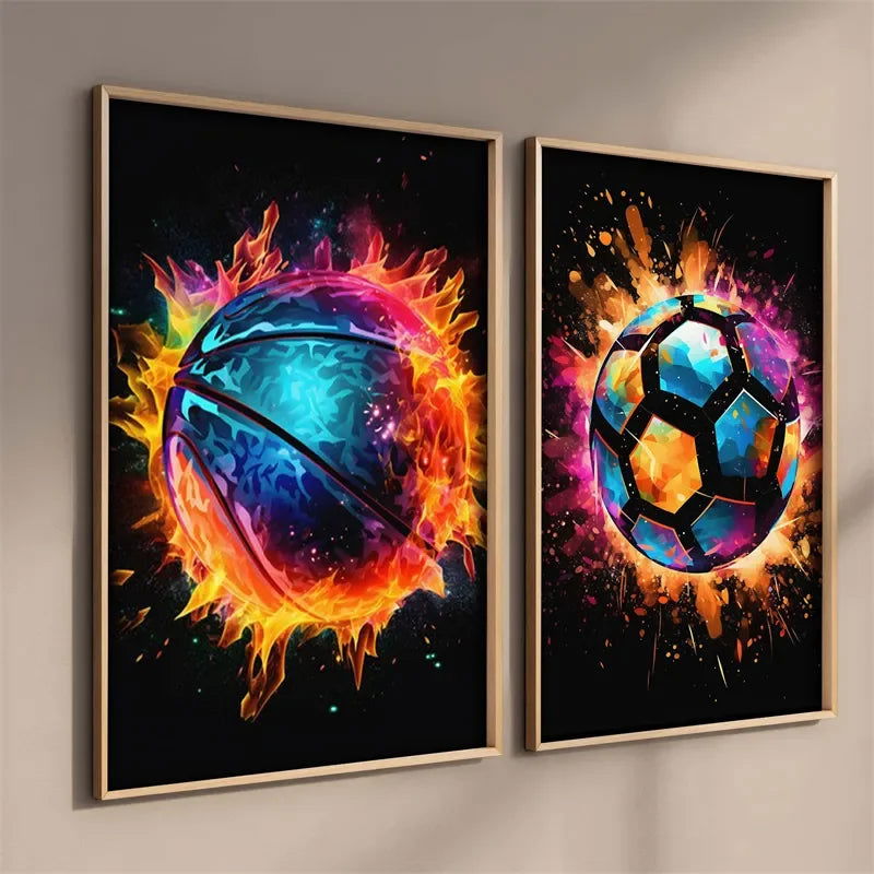 Pop Neon Video Game Character Poster Gamepad Headphones Football Basketball Canvas Print Wall Art Decor Gaming Room Decoration - Slobuy