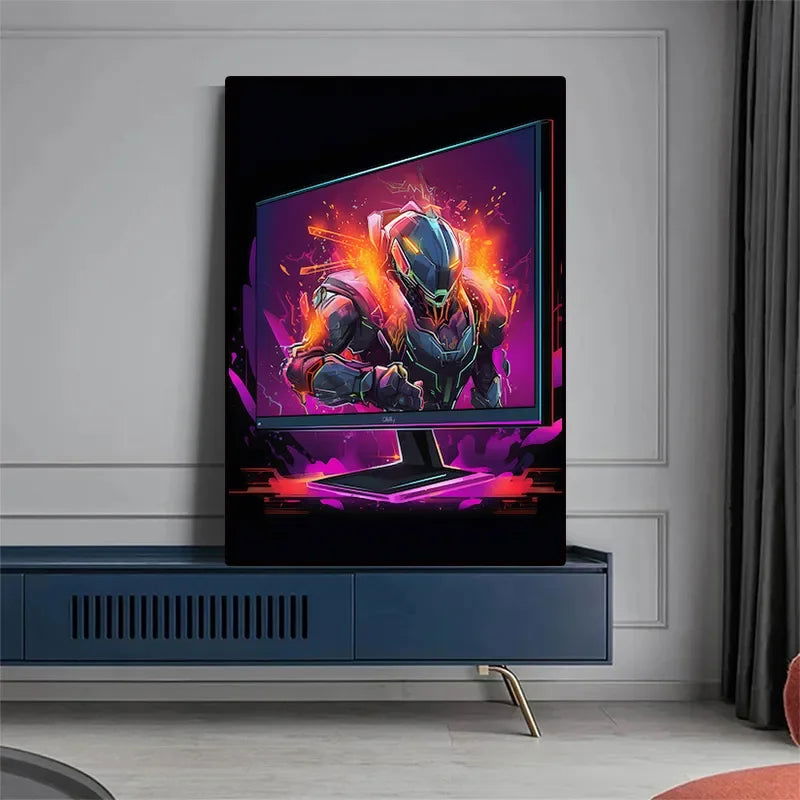 Pop Neon Video Game Character Poster Gamepad Headphones Football Basketball Canvas Print Wall Art Decor Gaming Room Decoration - Slobuy
