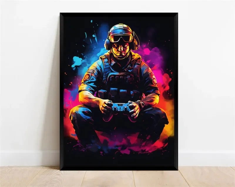 Pop Neon Video Game Character Poster Gamepad Headphones Football Basketball Canvas Print Wall Art Decor Gaming Room Decoration - Slobuy