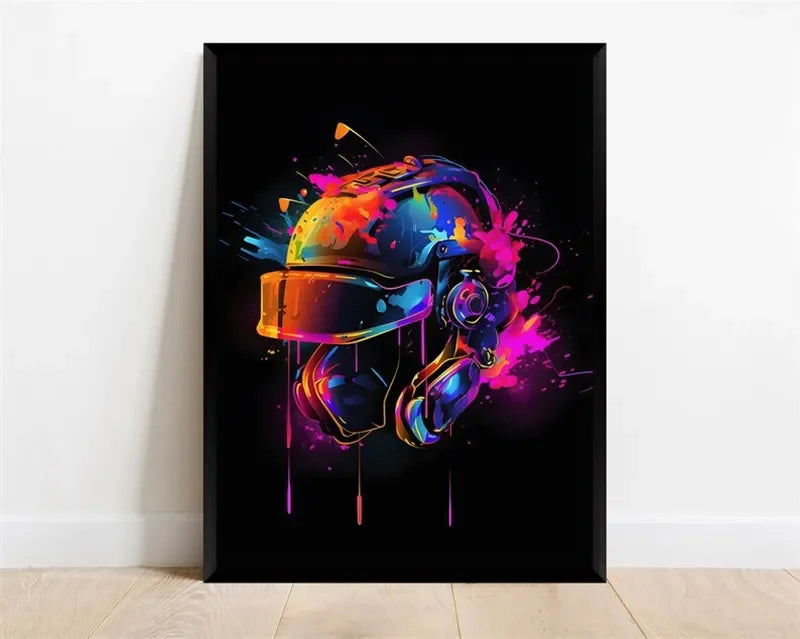Pop Neon Video Game Character Poster Gamepad Headphones Football Basketball Canvas Print Wall Art Decor Gaming Room Decoration - Slobuy