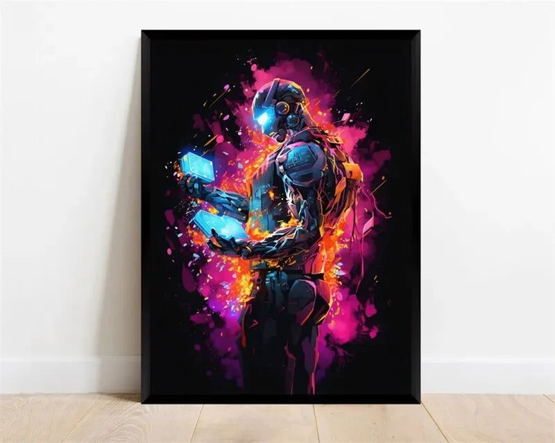 Pop Neon Video Game Character Poster Gamepad Headphones Football Basketball Canvas Print Wall Art Decor Gaming Room Decoration - Slobuy