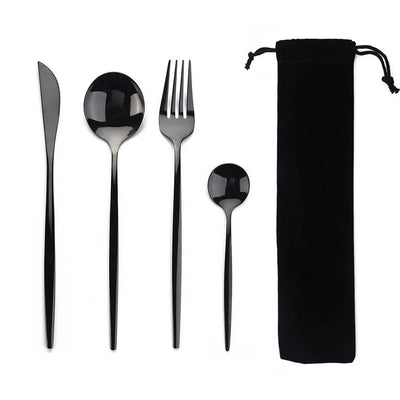 Portable 4Pcs Dinnerware Set Stainless Steel Tableware Cutlery Western Knife Fork TeaSpoon Kitchen Dinner Flatware Set with Bag - Slobuy