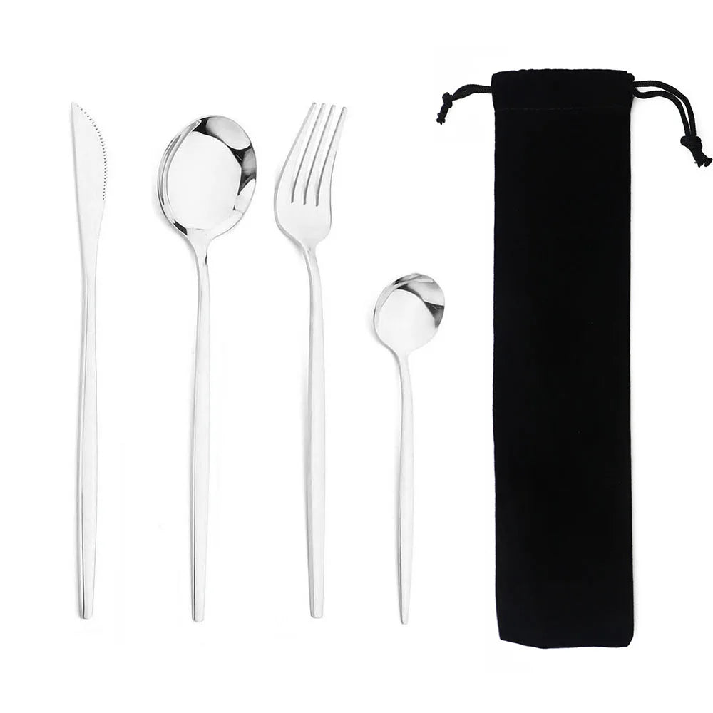 Portable 4Pcs Dinnerware Set Stainless Steel Tableware Cutlery Western Knife Fork TeaSpoon Kitchen Dinner Flatware Set with Bag - Slobuy