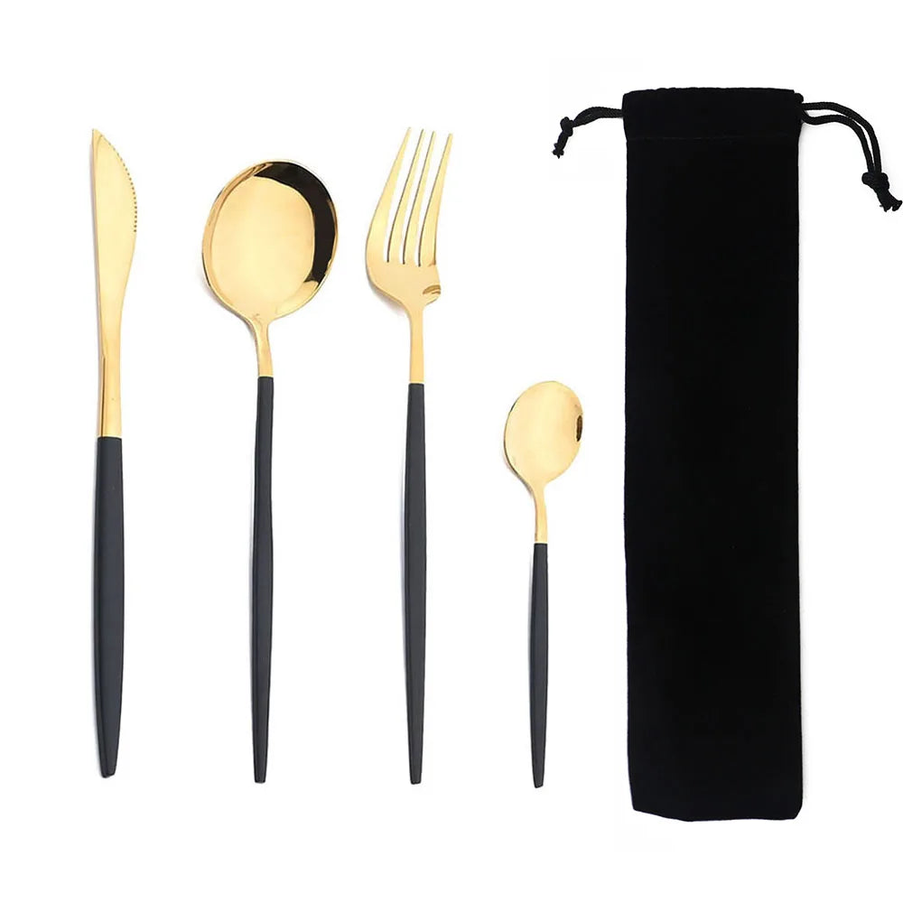 Portable 4Pcs Dinnerware Set Stainless Steel Tableware Cutlery Western Knife Fork TeaSpoon Kitchen Dinner Flatware Set with Bag - Slobuy