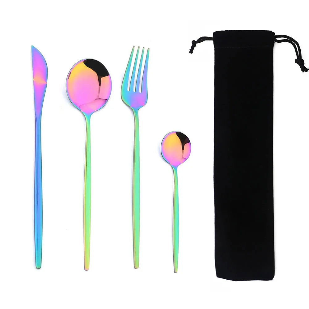 Portable 4Pcs Dinnerware Set Stainless Steel Tableware Cutlery Western Knife Fork TeaSpoon Kitchen Dinner Flatware Set with Bag - Slobuy