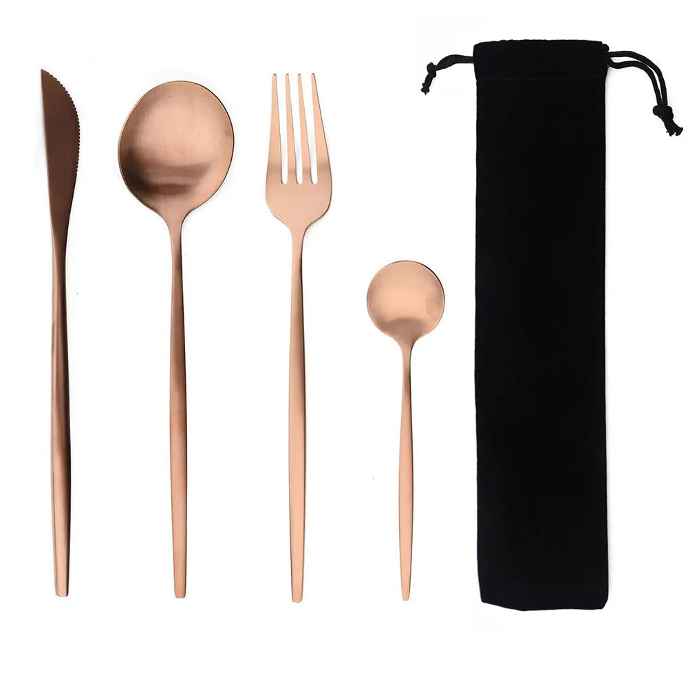 Portable 4Pcs Dinnerware Set Stainless Steel Tableware Cutlery Western Knife Fork TeaSpoon Kitchen Dinner Flatware Set with Bag - Slobuy