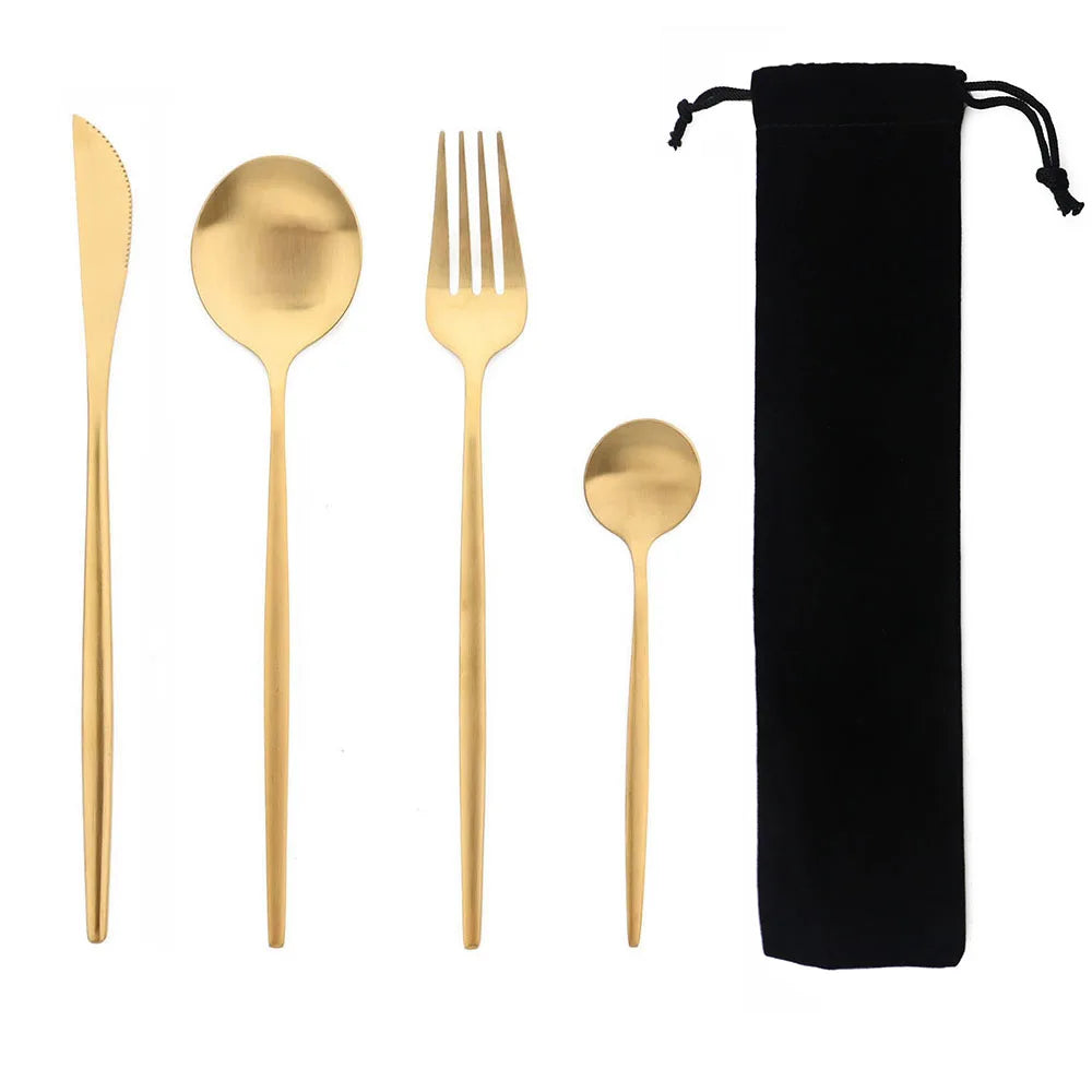 Portable 4Pcs Dinnerware Set Stainless Steel Tableware Cutlery Western Knife Fork TeaSpoon Kitchen Dinner Flatware Set with Bag - Slobuy